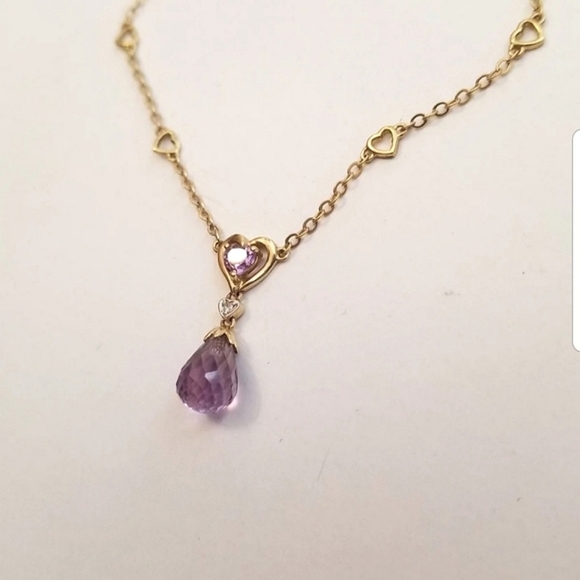14k Yellow Gold Amethyst Diamond Necklace Teardrop Briolette - Picture 9 of 10